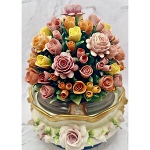 Capodimonte Centerpiece 10" Tall Trinket box Rose Pink Decorative Porcelain vtg